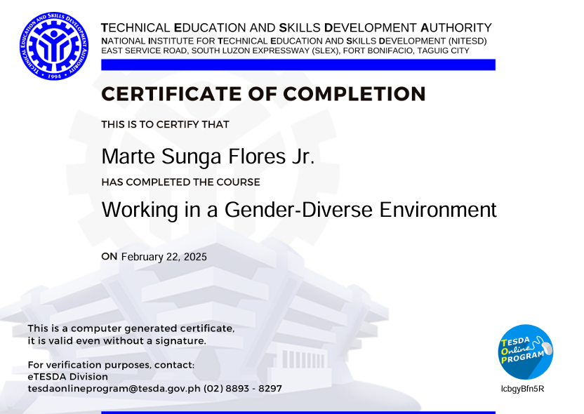 TESDA Gender and Development certificate